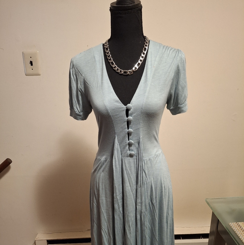 Casual Blue Sheath Midi Dress with Cuffed Short Sleeves